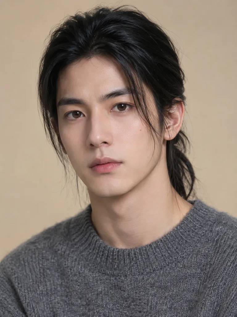 長い黒髪を後ろで結んだ若い男性のポートレート