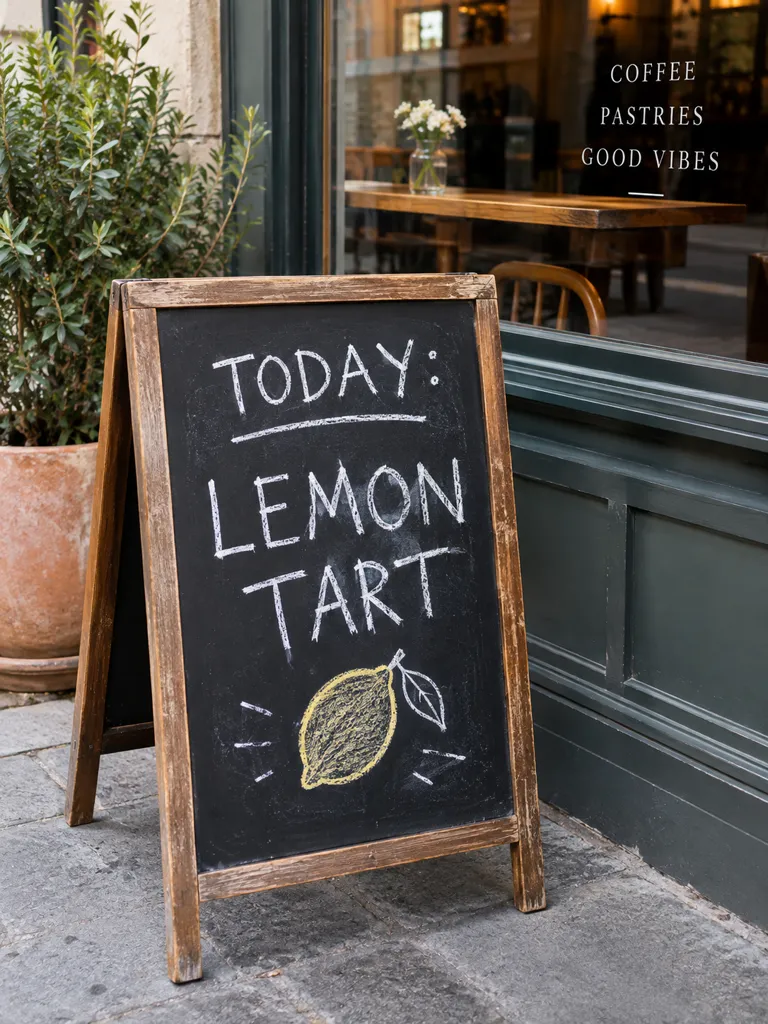 「Today: Lemon Tart」と書かれた、カフェの黒板の看板