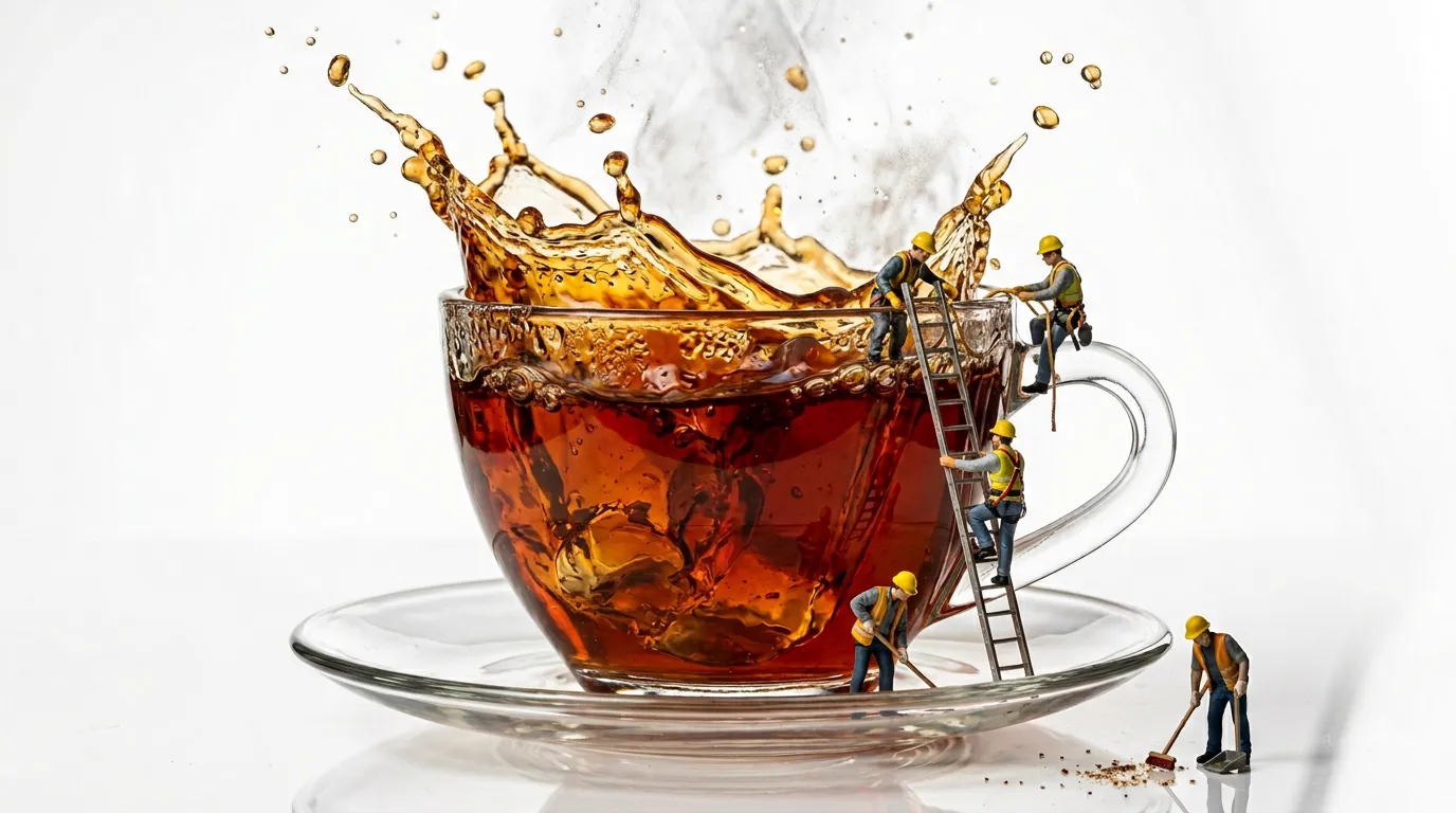 Tiny workers cleaning an oversized glass teacup