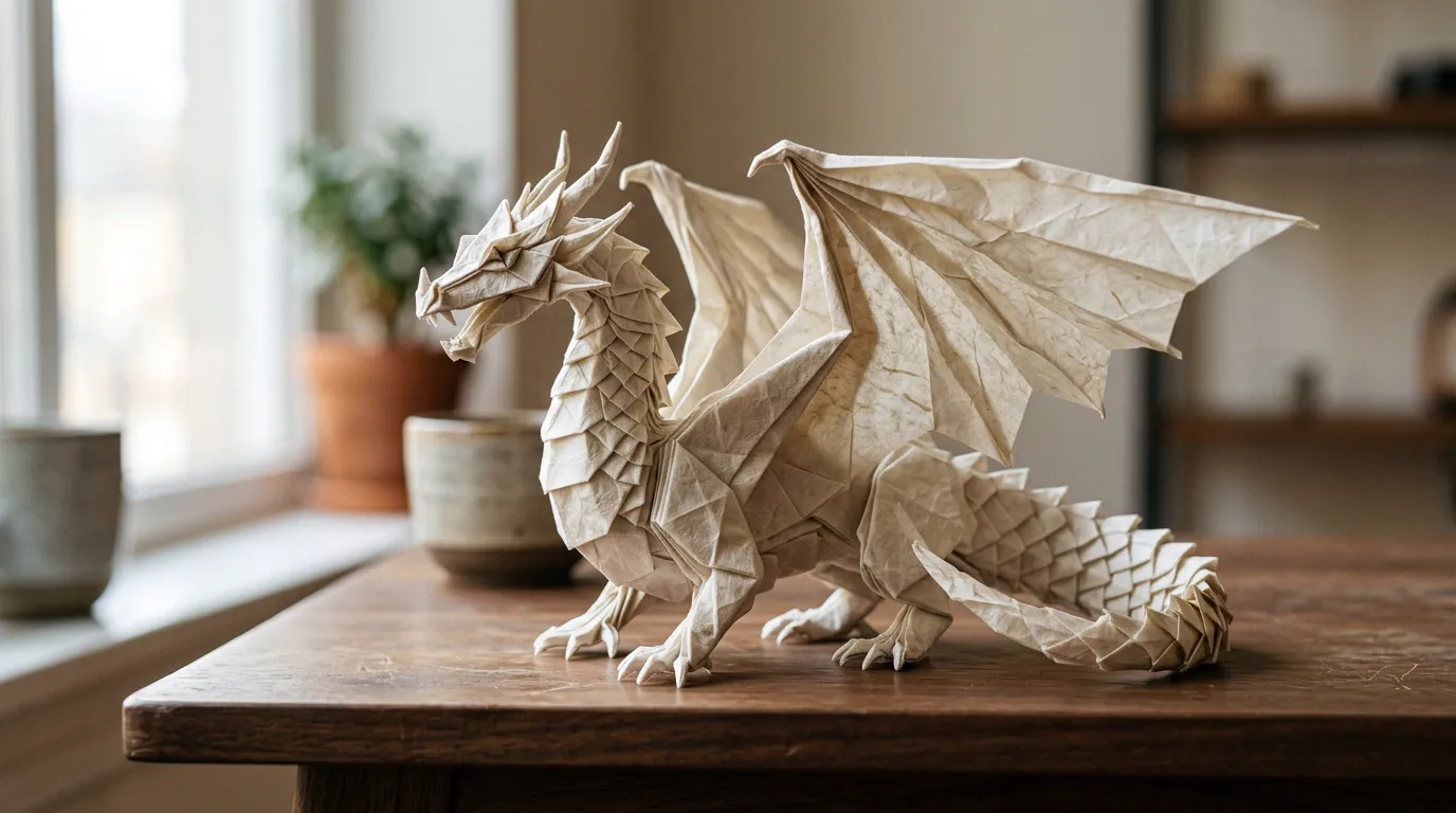 Realistic origami dragon with intricate paper folds