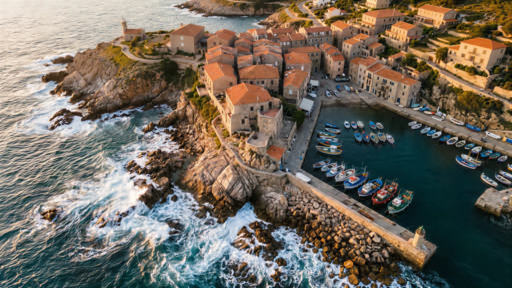 Vista aérea de un pueblo costero y su puerto, ampliada 4×