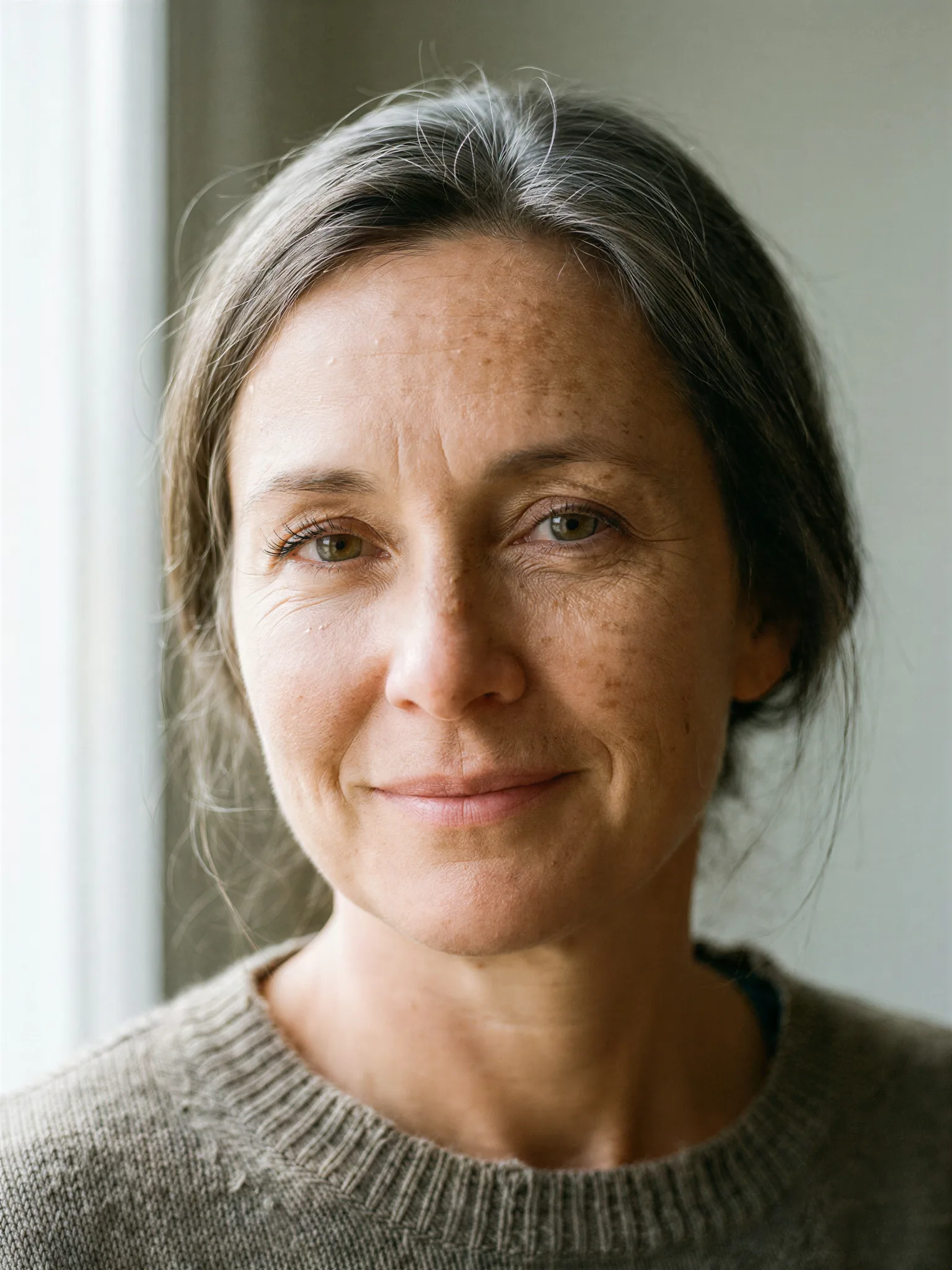 Retrato en primer plano de una mujer con pecas, ampliado 4×