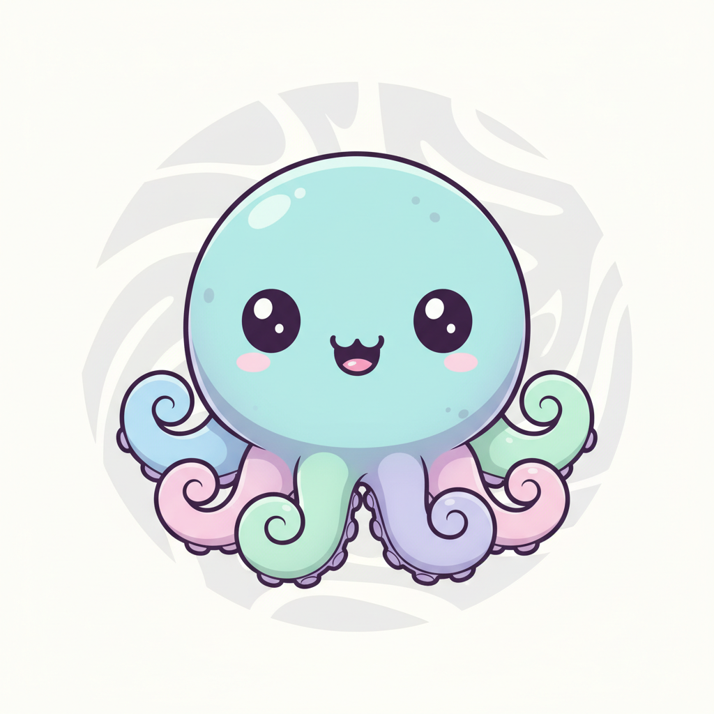 cute octopus cartoon avatar, kawaii style, big eyes, smiling face, pastel colors