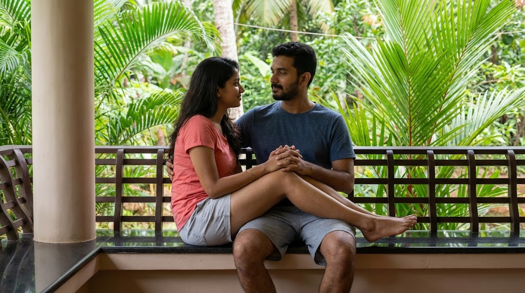 create a mallu Kerala young woman sitting in a lap facing him holding both hands