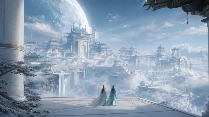 16:9 cinematic Eastern xianxia fantasy final vista,清冷月白色天宫坐落于云海与巨大月轮之间,人类视线高度的远距