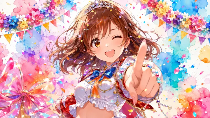 Create a vibrant anime idol celebration portrait featuring a cheerful young idol