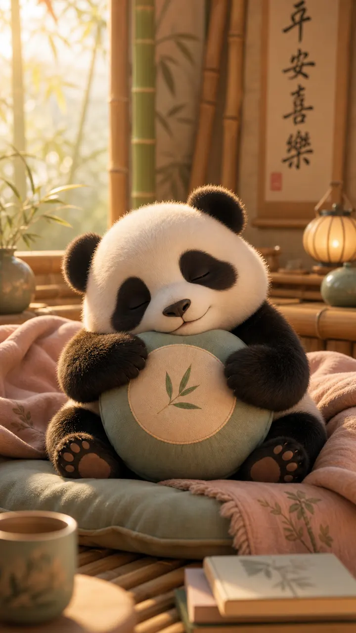 A sleepy baby panda hugging a round pillow, peaceful expression, cozy bamboo roo