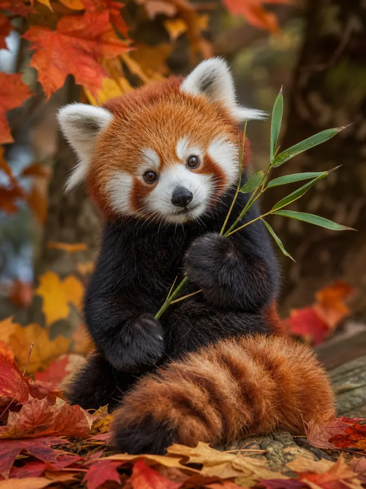 A tiny red panda holding a bamboo branch, sitting among colorful autumn leaves,