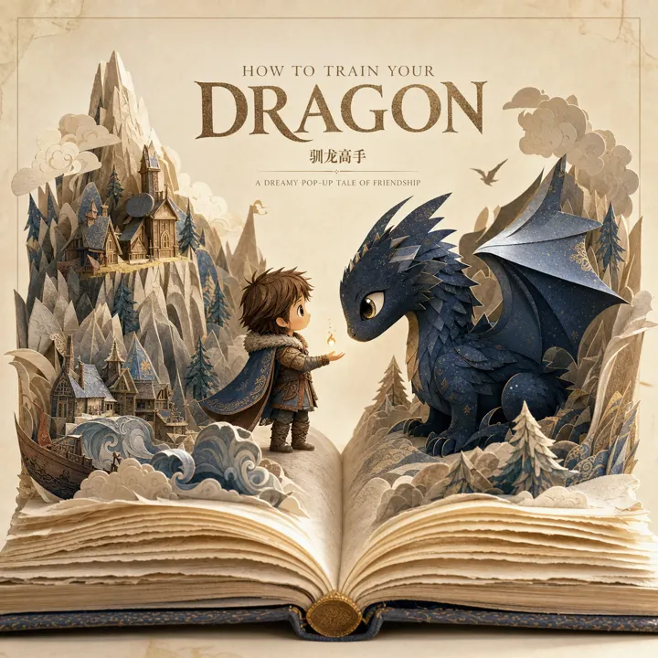 Create an ultra-premium dreamy papercut storybook poster for “How to Train Your