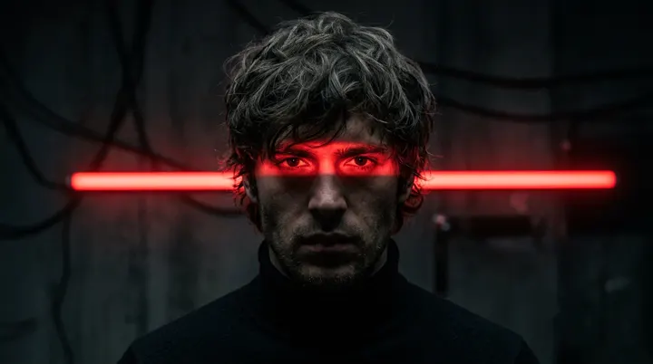 Cinematic studio portrait of a young man with messy textured hair, wearing a bla