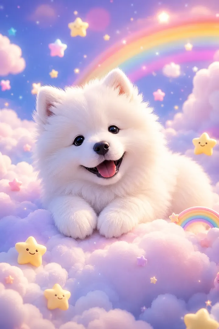 A fluffy Samoyed puppy lying on a soft cloud, surrounded by tiny stars and rainb
