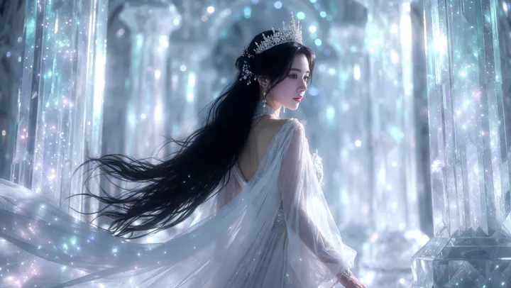 A ethereal East Asian woman looking back over her shoulder, long flowing black h — output 2 of 2