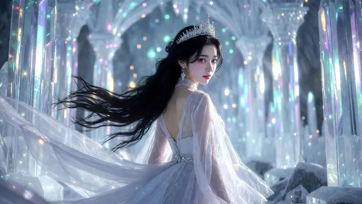 A ethereal East Asian woman looking back over her shoulder, long flowing black h — output 1 of 2