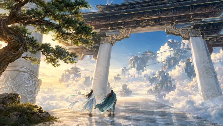 16:9 cinematic Eastern xianxia fantasy establishing shot,清晨云海之上的巨型仙界天门,人类视线高度的远距