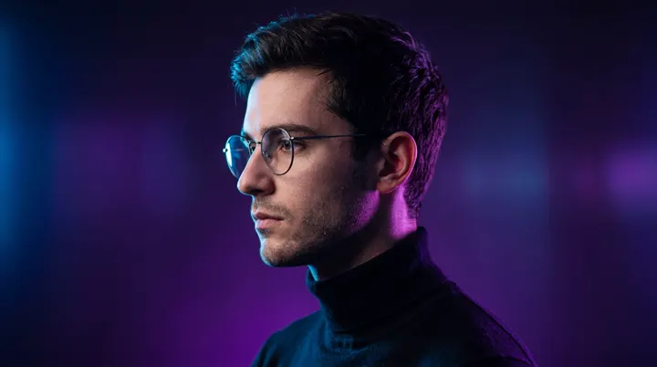 Create a minimalist cinematic side-profile portrait of a young man with round gl