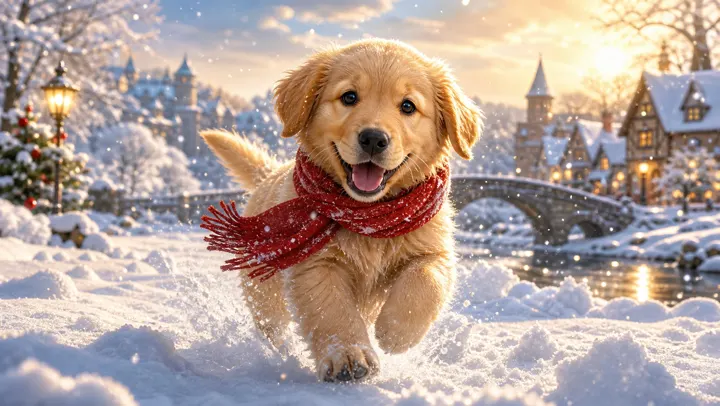 A golden retriever puppy wearing a red scarf, happily running through fresh snow