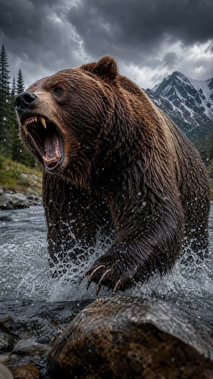 A massive grizzly bear roaring beside a mountain river, water splashing around i