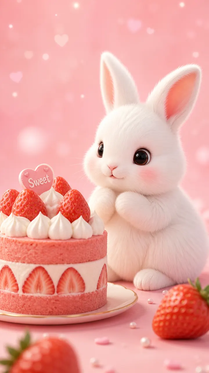 A palm-sized fluffy white rabbit sitting beside a strawberry cake, soft pink bac