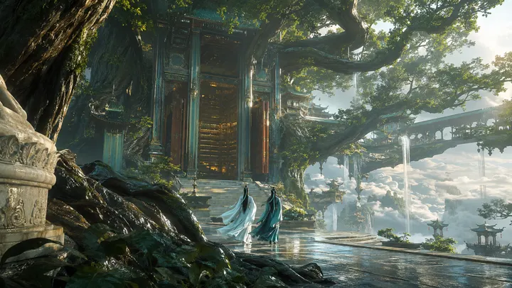 16:9 cinematic Eastern xianxia fantasy film still,雨后神木环抱的悬空藏书阁,人类视线高度,距离主体约四十米,3