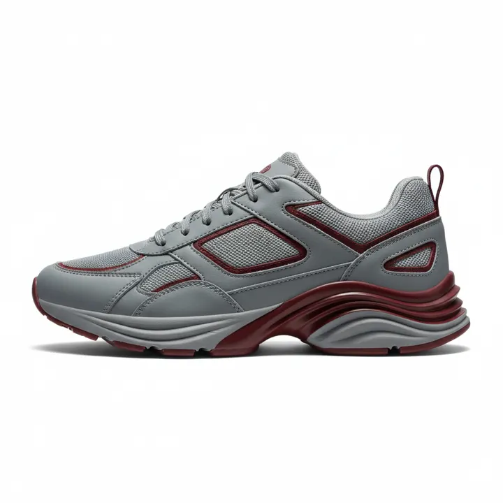 A high-end fashion running sneaker in cool matte grey tones with deep dark red a
